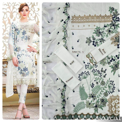 Mix Brands 3PC Embroidered Lawn Suit – Front & Sleeve Embroidery with Bamber Dupatta - Deewan E Kharidar