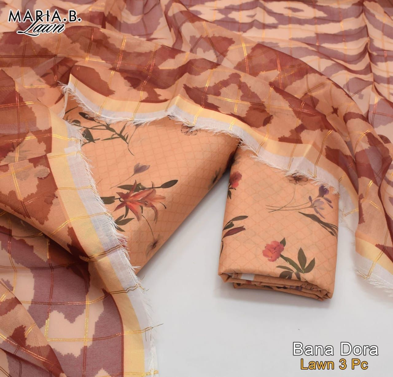 Maria B 3PC Lawn Banadora Silk Suit – Floral Digital Print | Dupatta Included - Deewan E Kharidar