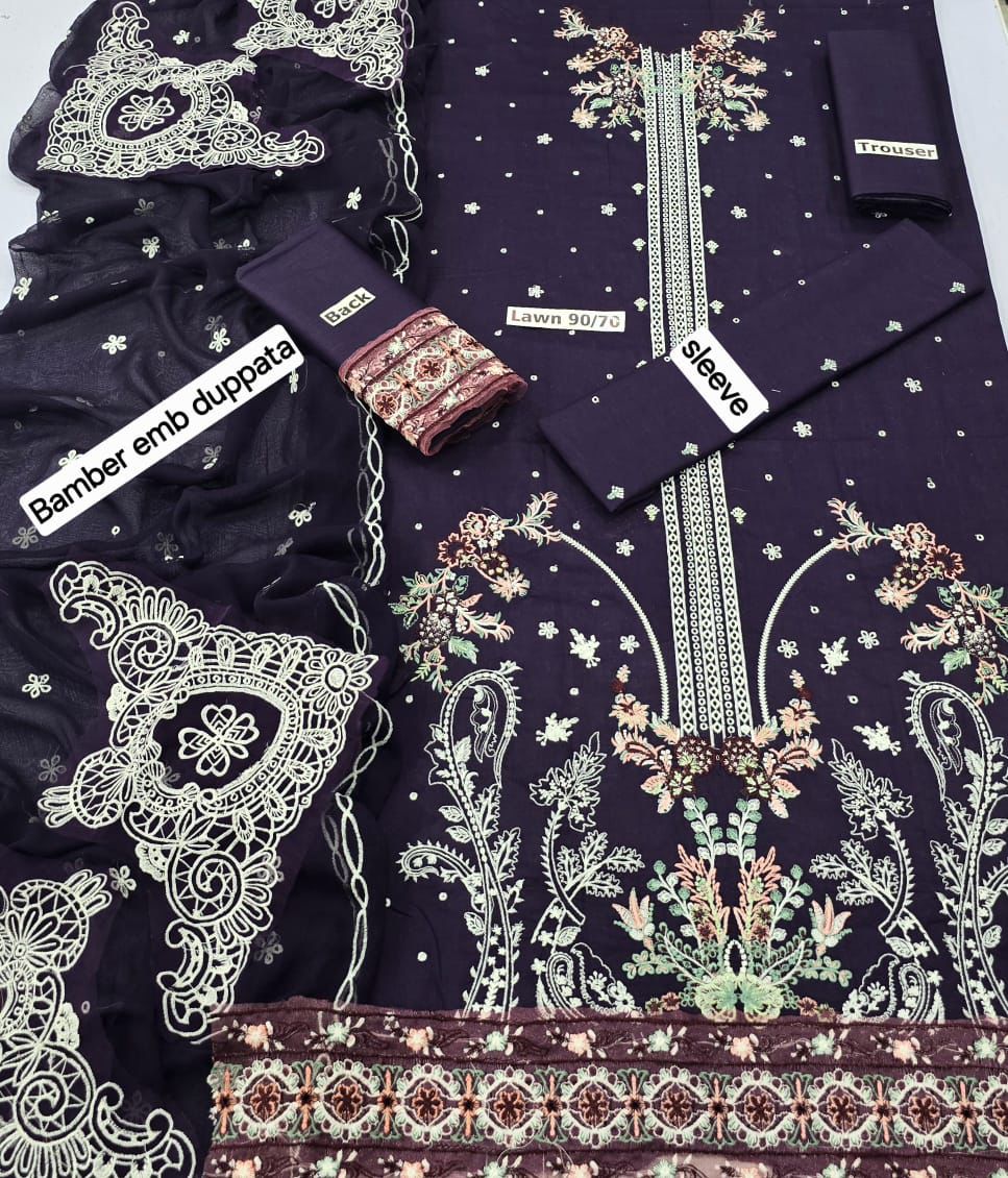 Zarqash 3-Piece Banadora Lawn Suit – Full Embroidered Front & Sleeves with Bamber Dupatta | BA872 - Deewan E Kharidar