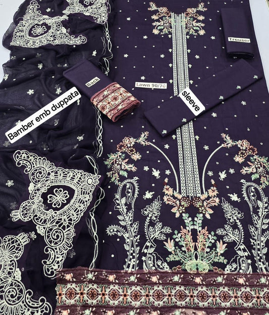 Zarqash 3-Piece Banadora Lawn Suit – Full Embroidered Front & Sleeves with Bamber Dupatta | BA872 - Deewan E Kharidar