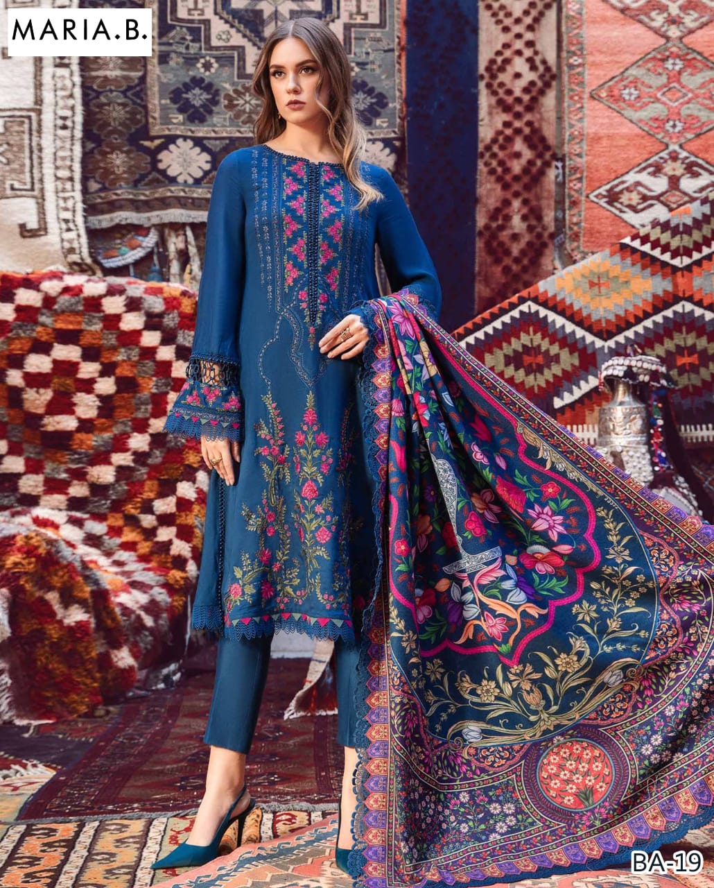 💙 Maria B BA-19 – Elegant Embroidered Lawn 3PC Suit with Digital Print Dupatta