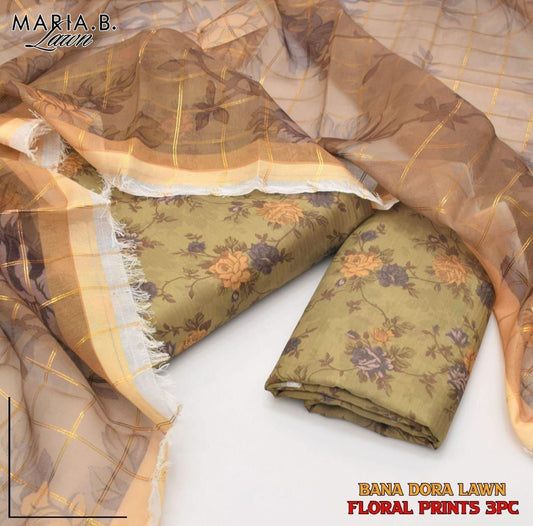 Maria B 3PC Lawn Banadora Silk Suit – Floral Digital Print | Dupatta Included - Deewan E Kharidar