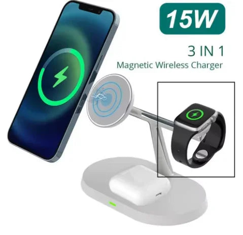 3-in-1 MagSafe Wireless Charging Station | Fast Charger for iPhone, Apple Watch & AirPods - Deewan E Kharidar