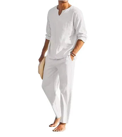 Men’s Summer Cotton Linen Outfit – 2-Piece Henley Shirt & Drawstring Pants Set - Deewan E Kharidar