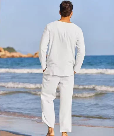 Men’s Summer Cotton Linen Outfit – 2-Piece Henley Shirt & Drawstring Pants Set - Deewan E Kharidar