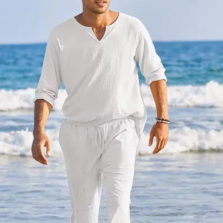 Men’s Summer Cotton Linen Outfit – 2-Piece Henley Shirt & Drawstring Pants Set - Deewan E Kharidar