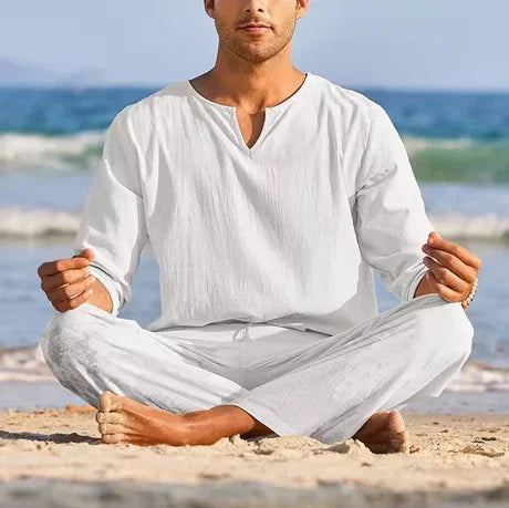 Men’s Summer Cotton Linen Outfit – 2-Piece Henley Shirt & Drawstring Pants Set - Deewan E Kharidar