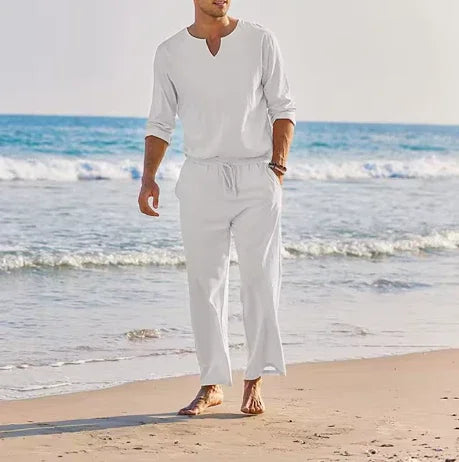 Men’s Summer Cotton Linen Outfit – 2-Piece Henley Shirt & Drawstring Pants Set - Deewan E Kharidar
