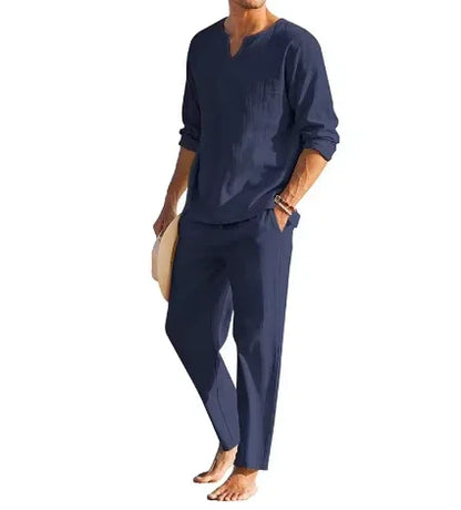 Men’s Summer Cotton Linen Outfit – 2-Piece Henley Shirt & Drawstring Pants Set - Deewan E Kharidar