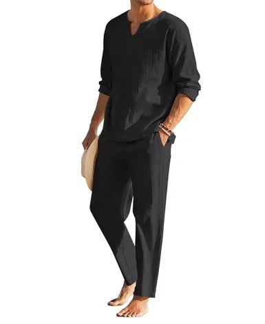 Men’s Summer Cotton Linen Outfit – 2-Piece Henley Shirt & Drawstring Pants Set - Deewan E Kharidar