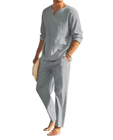 Men’s Summer Cotton Linen Outfit – 2-Piece Henley Shirt & Drawstring Pants Set - Deewan E Kharidar
