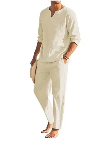 Men’s Summer Cotton Linen Outfit – 2-Piece Henley Shirt & Drawstring Pants Set - Deewan E Kharidar