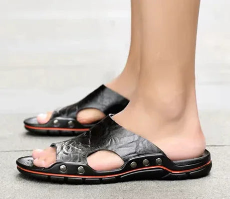Men's Genuine Leather Summer Slippers – Soft, Durable & Stylish Beach Sandals - Deewan E Kharidar