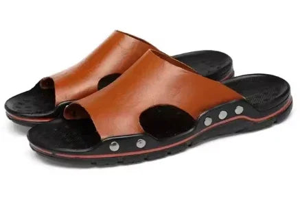 Men's Genuine Leather Summer Slippers – Soft, Durable & Stylish Beach Sandals - Deewan E Kharidar