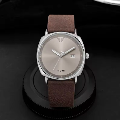 TOMI Men's Minimalist Quartz Watch – Fashion Leather Strap, Sports Style with Calendar - Deewan E Kharidar