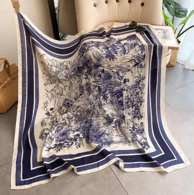 70cm Plant-Printed Silk Scarf for Women – Elegant Square Headwear, Simulated Silk, Versatile Bag & Clothing Accessory - Deewan E Kharidar