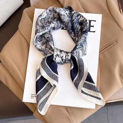 70cm Plant-Printed Silk Scarf for Women – Elegant Square Headwear, Simulated Silk, Versatile Bag & Clothing Accessory - Deewan E Kharidar