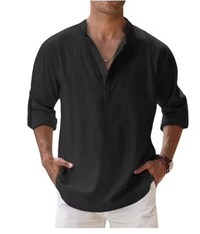 Men’s Cotton Linen Casual Long Sleeve Henley Shirt – Lightweight Beachwear & Hawaiian Style - Deewan E Kharidar