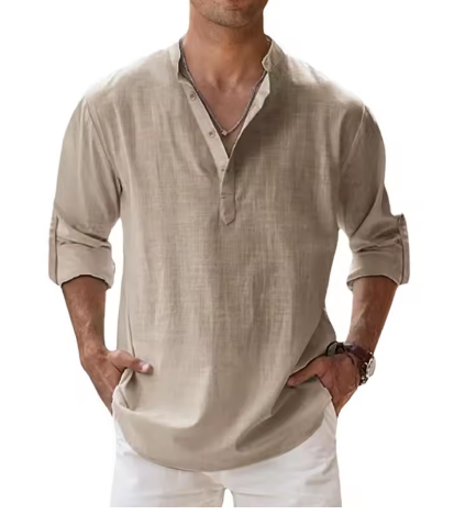 Men’s Cotton Linen Casual Long Sleeve Henley Shirt – Lightweight Beachwear & Hawaiian Style - Deewan E Kharidar