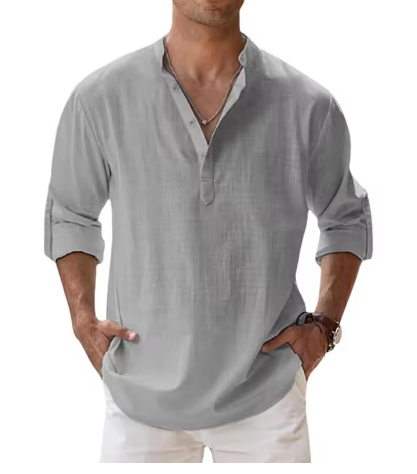 Men’s Cotton Linen Casual Long Sleeve Henley Shirt – Lightweight Beachwear & Hawaiian Style - Deewan E Kharidar