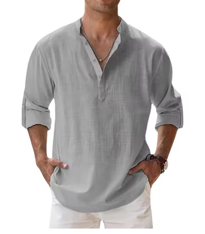 Men’s Cotton Linen Casual Long Sleeve Henley Shirt – Lightweight Beachwear & Hawaiian Style - Deewan E Kharidar