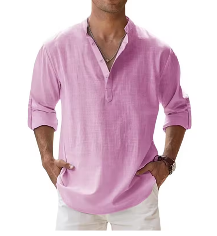 Men’s Cotton Linen Casual Long Sleeve Henley Shirt – Lightweight Beachwear & Hawaiian Style - Deewan E Kharidar