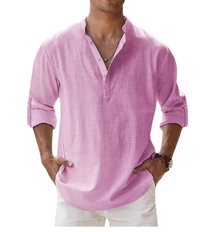 Men’s Cotton Linen Casual Long Sleeve Henley Shirt – Lightweight Beachwear & Hawaiian Style - Deewan E Kharidar